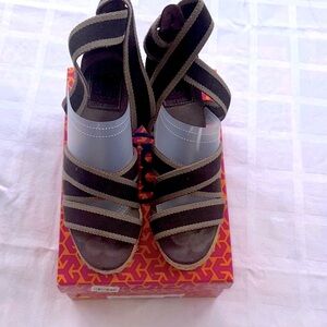 Tory Burch Black and Tan Strappy Sandals